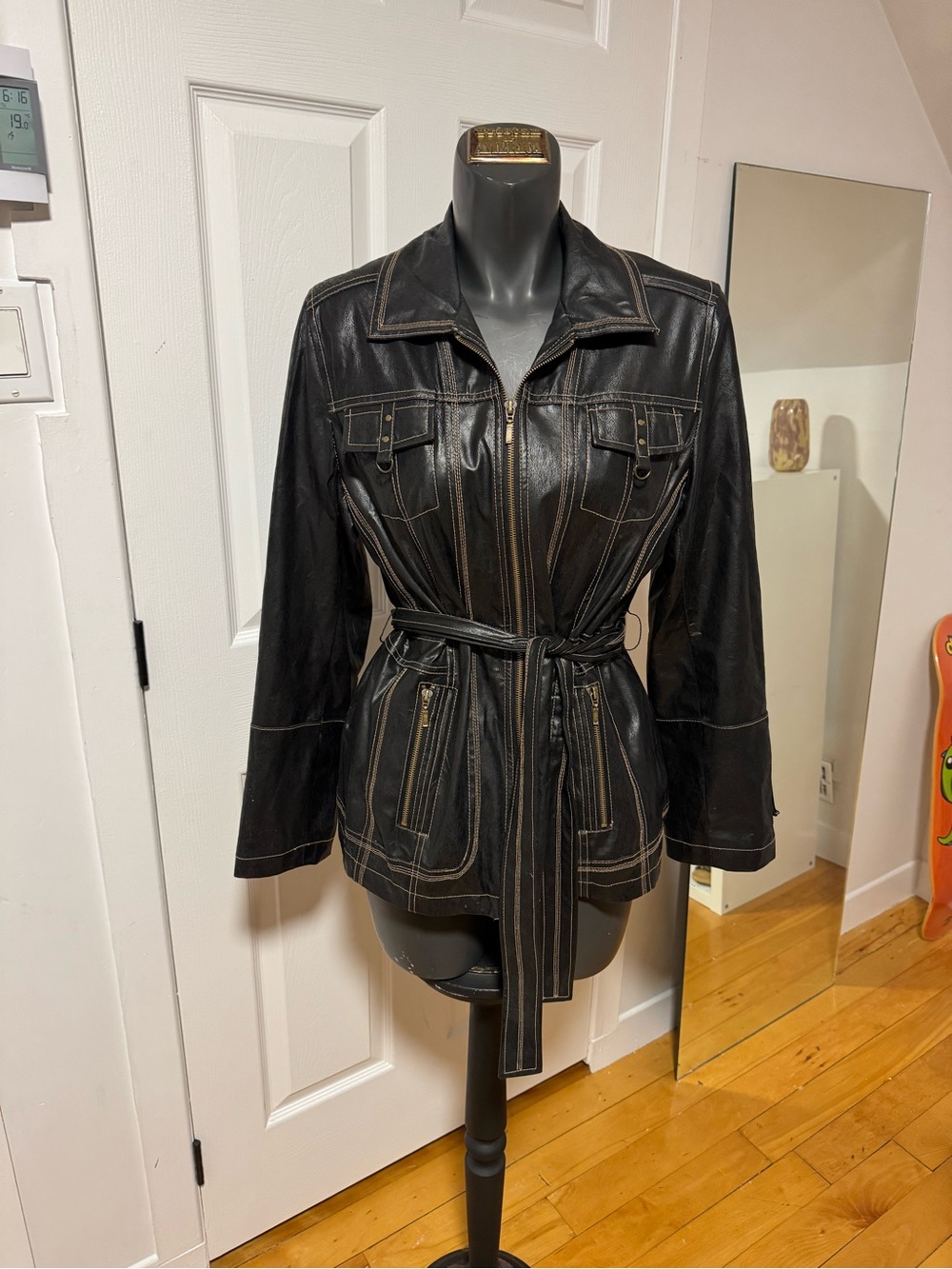 Women's Black faux Leather Belted Jacket